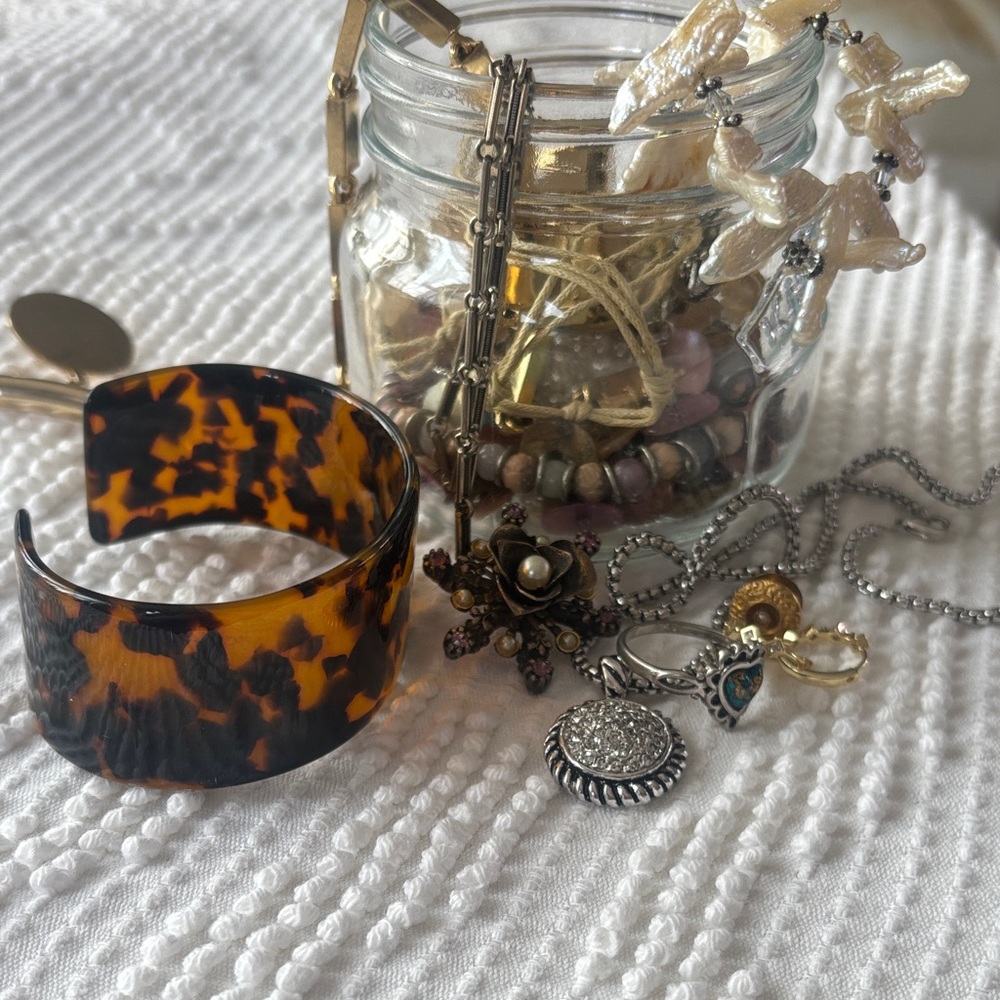 Jewelry Jar 
Stamped Ring Turquoise 
Tortoiseshell Patterned Cuff Bracelet